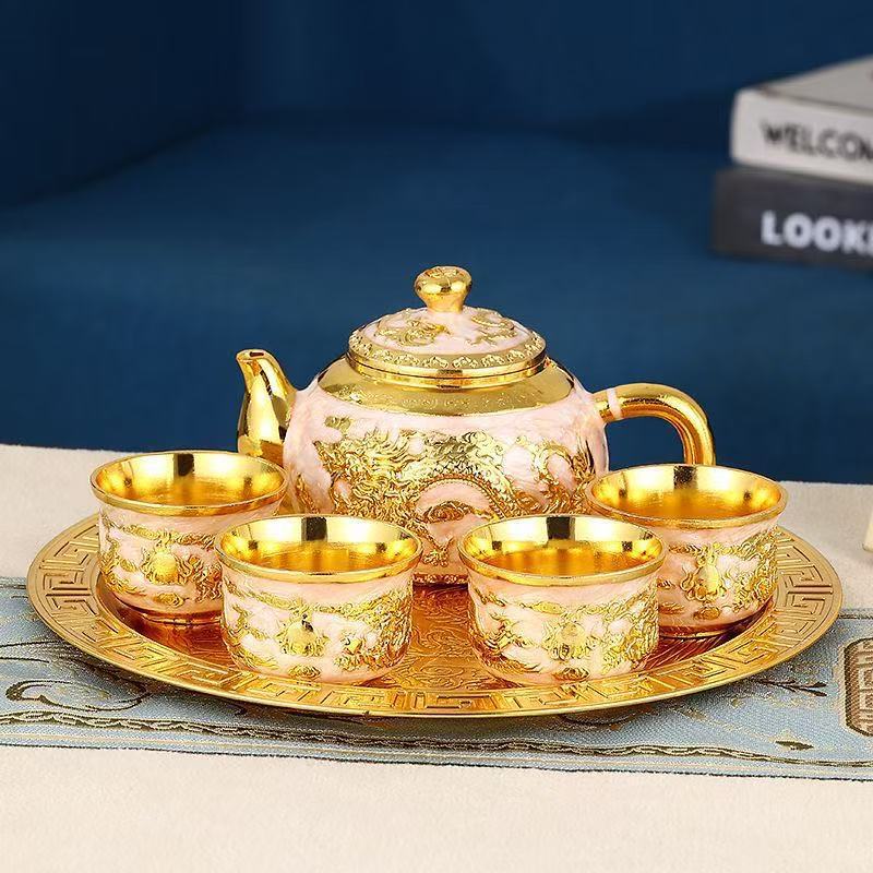 Creative Metal High-End Dragon and Phoenix Tea Set Retro Tea Set Ornaments New Chinese Teapot Tray Set Cup Teapot