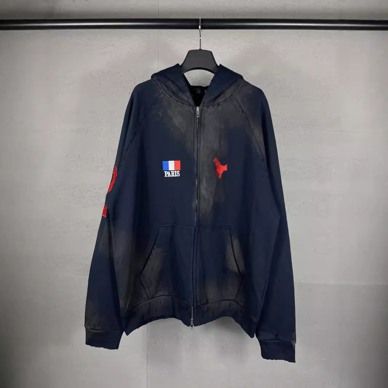 Correct Version High Quality B's 25Ss New 22 Mustang Polo Embroidered Flag Frayed Zipper Hooded Sweatshirt