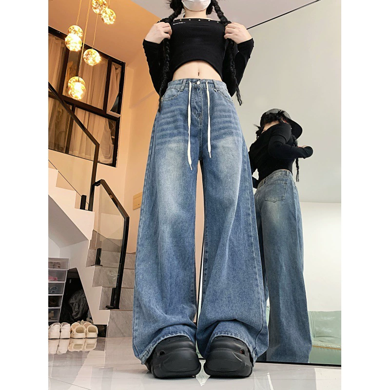 Новые широкие брюки женские стирание ретро шнурок премиум дизайн чувство свободного джинсы