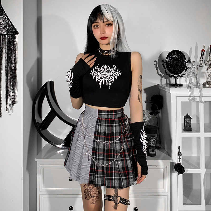 Diablo Style College Wind Stitching Contrast Plaid High Waistchain Skirt NSGYB98911