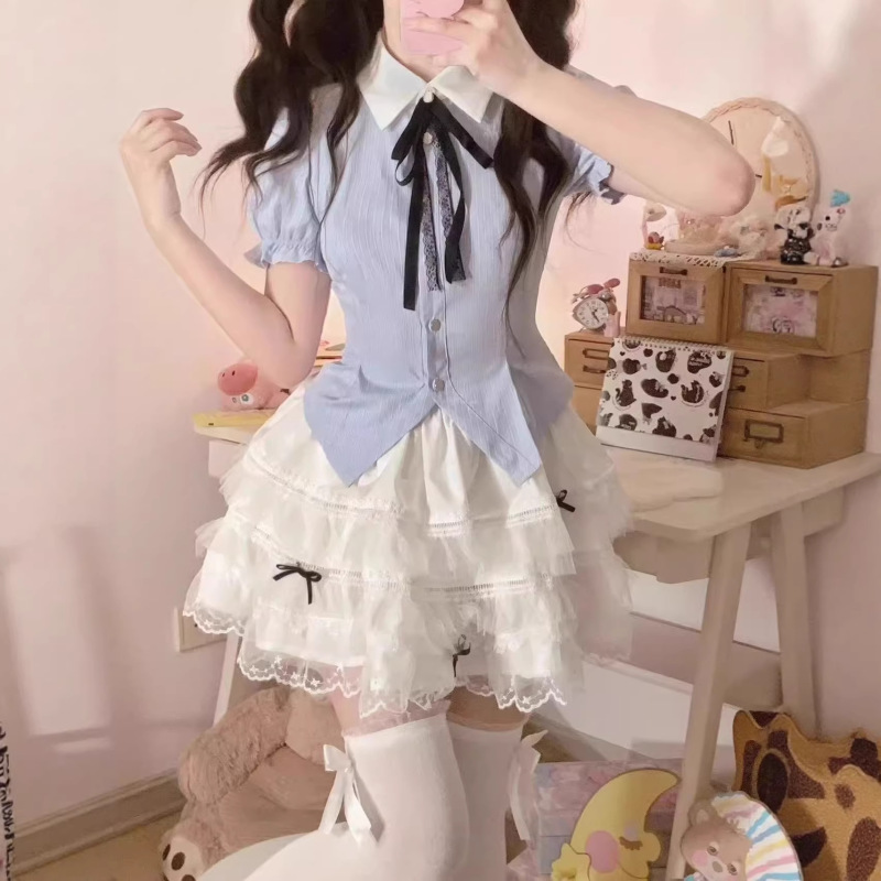 Sweet and Cute Puff-Sleeved Short-Sleeved Top, Summer Jk Uniform, Pure Desire College Style Slimming Look Puffy Skirt, Two-Piece Set for Women Sweet and Cute Puff-Sleeved Short-Sleeved Top, Summer Jk Uniform, Pure Desire College Style Slimming Look Puffy Skirt, Two-Piece Set for Women