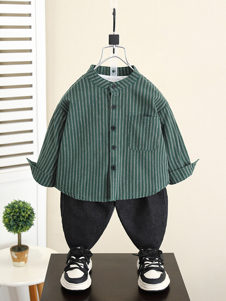 5842 Camisa de manga larga para niños Estilo de primavera y otoño 2024 Nuevo estilo Chaqueta de camisa a rayas de otoño para niños
