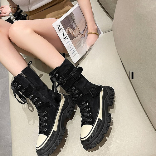 2024 Thick Low Martin Boots European Station Old Vintage Work Boots High-Top Rider Boots Round Toe Platform Low Side Zipper Leather 