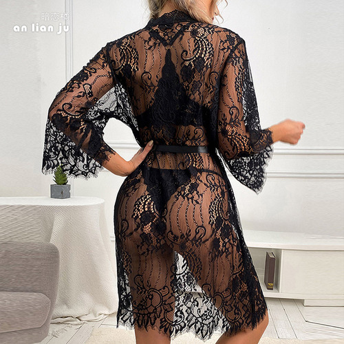 Lingerie Mesh Robe with Lace Edge Seductive Sheer Nightgown for Women to Wear Outside Home Clothing 308