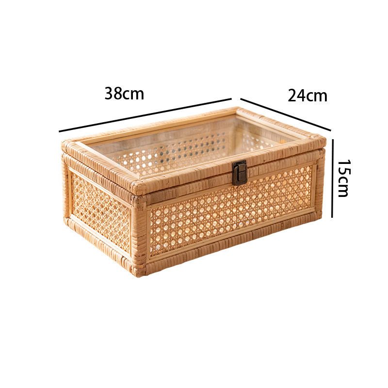 Cesta de almacenamiento de tejido de caña con cubierta de bambú rectangular caja de almacenamiento doméstica tela de mano tela de tela de