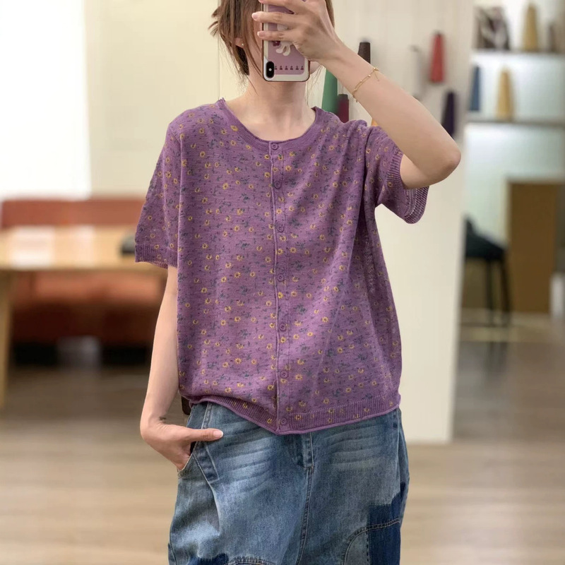 2026 Spring and Summer New Style Cotton and Linen Fashionable Casual Loose Colorful Printed Lightweight Pullover Short-Sleeved Knitwear for Women 2026 Spring and Summer New Style Cotton and Linen Fashionable Casual Loose Colorful Printed Lightweight Pullover Short-Sleeved Knitwear for Women
