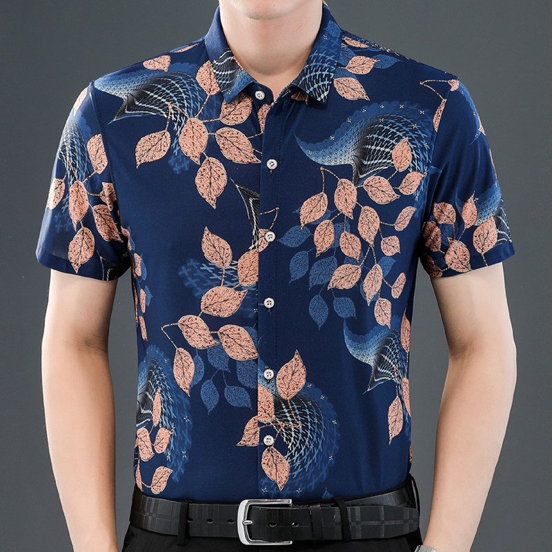 2024年夏季男士中年短袖衬衫薄款免烫中老年花衬衣中国风碎花半袖