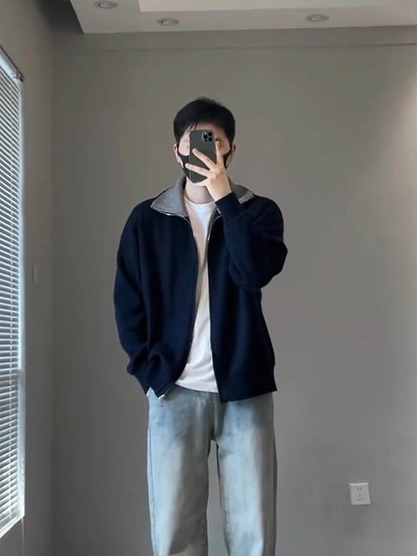 巴恩风撞色翻领针织开衫男款秋冬上衣韩系穿搭藏青色休闲毛衣外套|undefined
