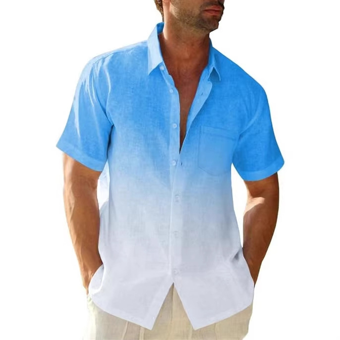 Men's Clothing Men's Gradient Short Sleeve Shirt Summer Casual Breathable Top Cotton Linen Texture For Formal & Casual_viptrois.com