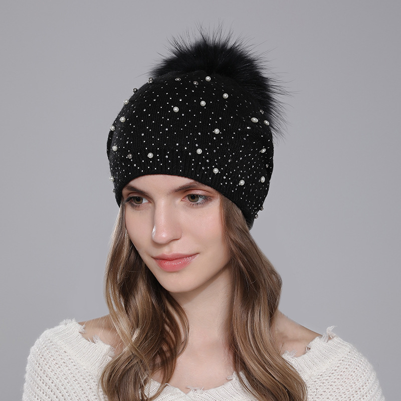 Perle de laine pour femmes pour la chaleur de l'hiver, chapeau tricoté en boule de fourrure de raton laveur, style pull à la mode pour femmes_voghion.com