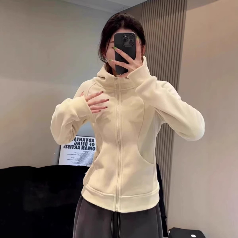 Fufu Hooded Sweatshirt Thickened Fleece Jacket for Women, Suitable for Spring, Autumn, and Winter, Cardigan Yoga Wear Sports Top