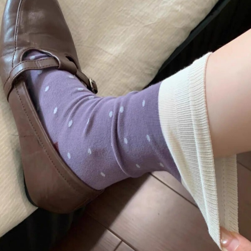 Girly retro artistic colorful polka dot socks for women, Japanese style contrasting color seamless mid-calf socks, stylish stacked socks Girly retro artistic colorful polka dot socks for women, Japanese style contrasting color seamless mid-calf socks, stylish stacked socks