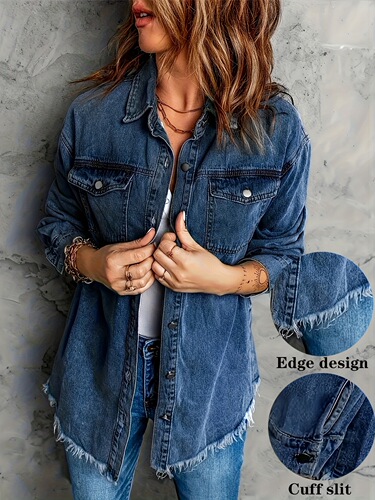 Women's Vintage Washed Denim Jacket with Frayed Edges Casual