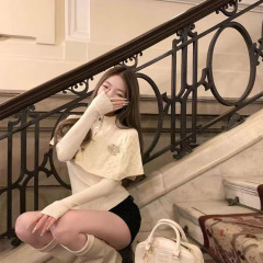 盘盘富家小女设计感半高领斗篷毛衣女秋冬两件套针织衫上衣