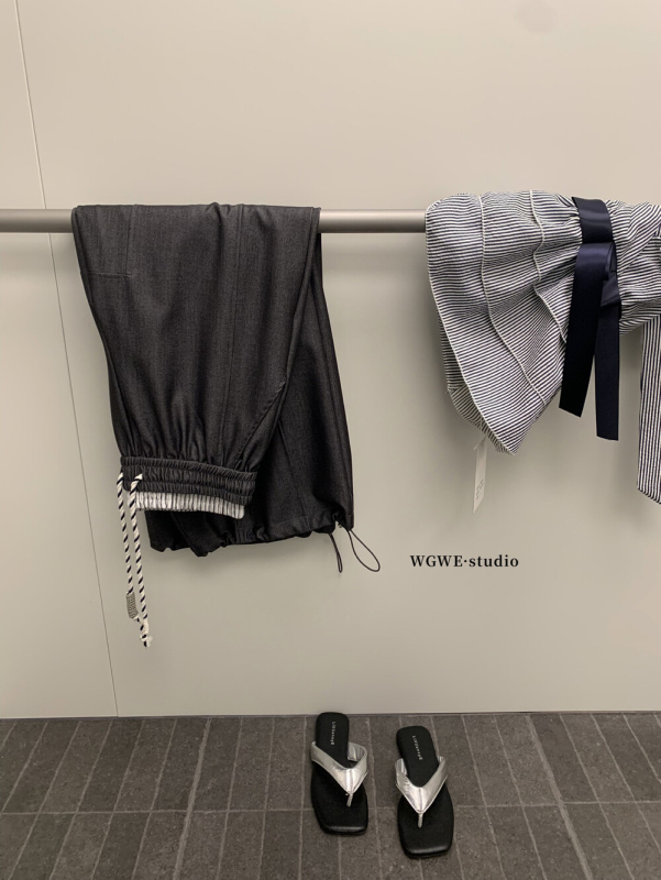 WGWE秋装女韩系设计感假两件双腰头拼接宽松阔腿直筒休闲裤W6607|undefined