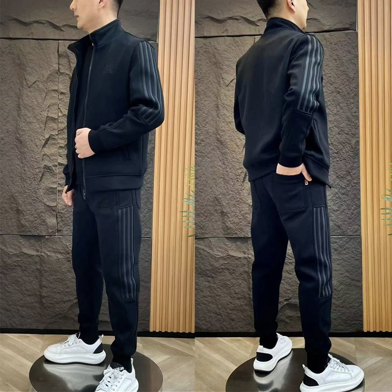 남성 스포츠 레저 세트 패션 칼라 재킷 운동복 투피스 세트의 새로운 기모 간단한 바느질 세트
