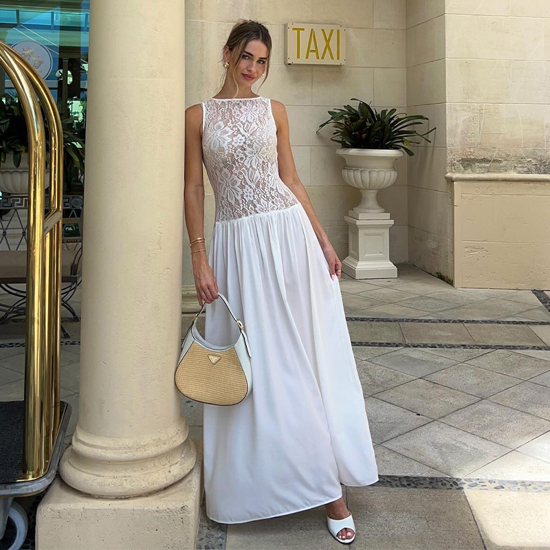 D067DS Cross-border European and American 2025 Spring Stitching Lace Sling dress Women's Dress Amazon Long Explosion