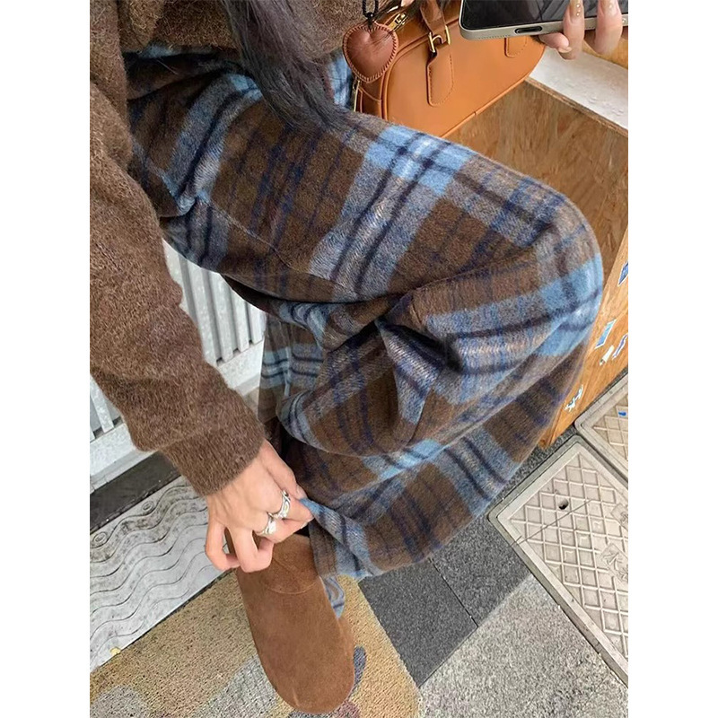 Autumn and Winter Blue Woolen Plaid Wide-Leg Pants for Women, Korean Style Internet Celebrity High-Waisted Straight Pants, Loose and Versatile Casual Floor-Length Pants