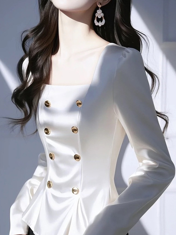 白色缎面衬衫高级感轻奢超好看独特漂亮气质方领长袖上衣女2025秋|undefined