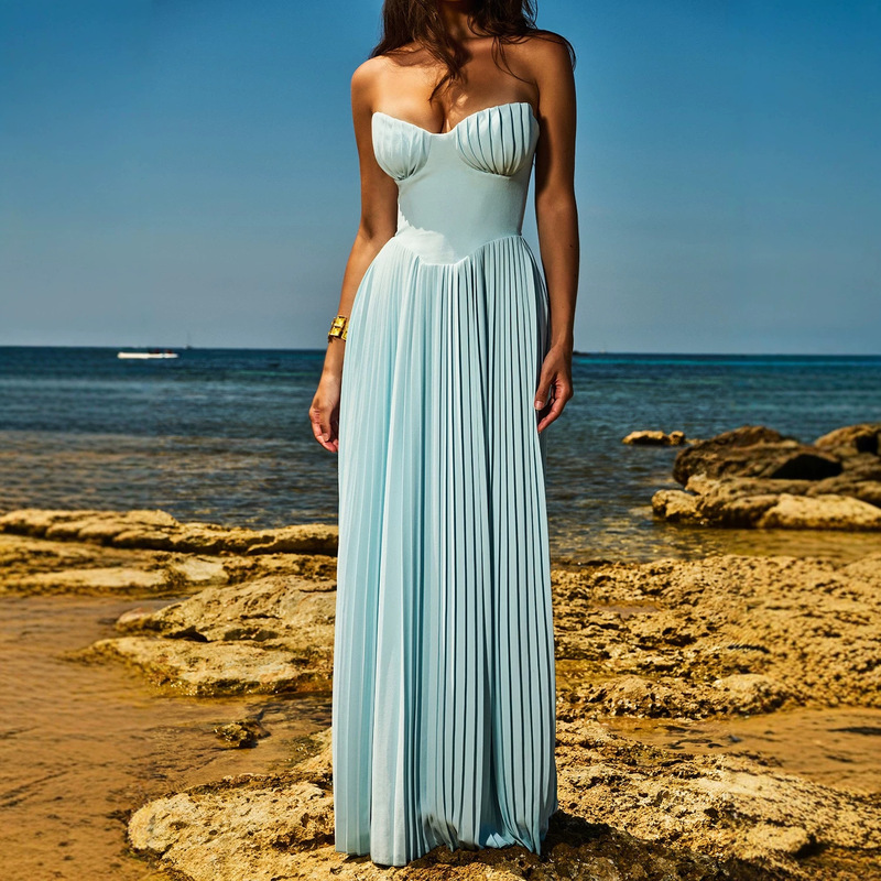 European and American Cross-Border Ins Style Autumn Off-Shoulder Sexy Backless Padded Strapless High-Waisted Ruched Long Dress