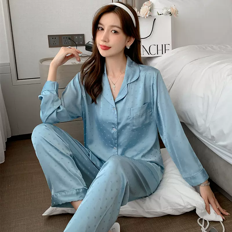 睡衣女春秋冰丝俄罗斯外贸提花长袖套装大码女士薄款家居服1104