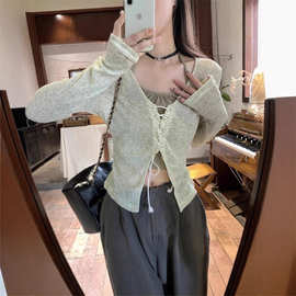 早秋新款薄款防晒罩衫修身抽绳绑带辣妹v领长袖绿色针织衫女上衣