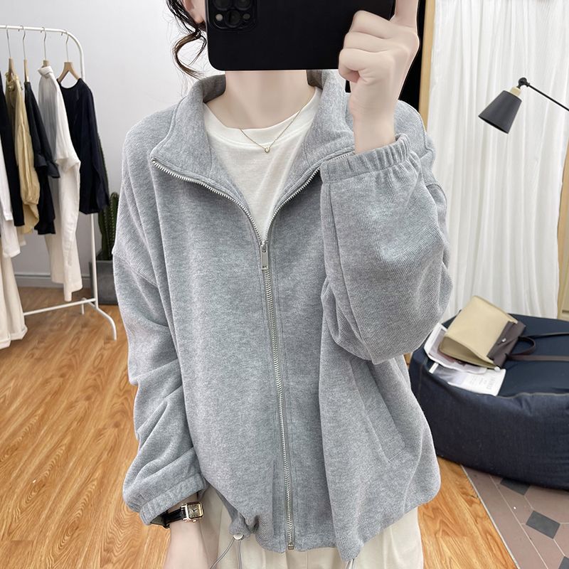 Autumn retro stand collar loose cotton sweater women's cardigan 2023 Korean style top slimming zipper jacket coat