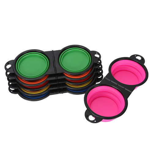 Cross-border supply black frame silicone portable outdoor pet foldable dual bowl outdoor feeder integrated dog bowl wholesale