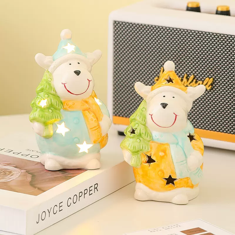圣诞节装饰品圣诞麋鹿陶瓷小夜灯圣诞树挂件场景布置摆件瓷艺