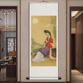 古典仕女图读书图酒店茶楼琴房装饰画条幅抚琴仕女作画美人图