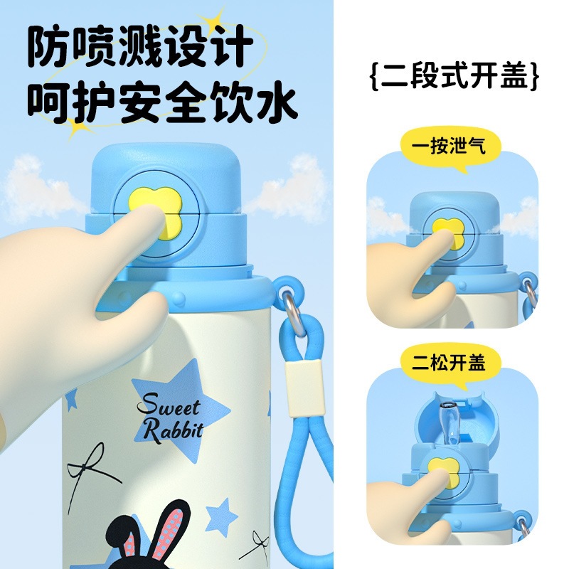 Caricatura encantadora impresión 3D de acero inoxidable taza de alumno tres tazas de agua de paja para niños portátiles de cuerda hervidor de agua mujer