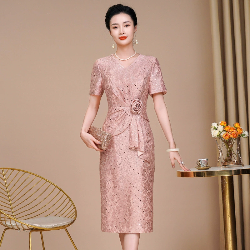 Летнее новое элегантное темпераментное вышитое розовое платье