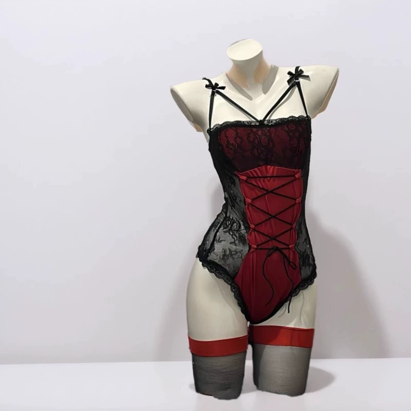 Red lace belt, underwear, uniform