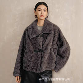 海宁皮革城25年秋冬新款毛毛外套仿羊绒环保皮草水貂毛女翻领韩版