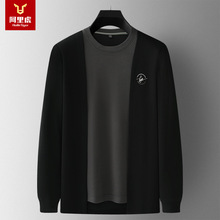 阿里虎男装秋季新款斜纹面料里料德绒圆领假两件套T恤休闲时尚T恤