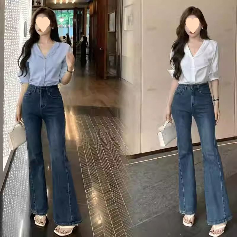 Summer New Suit Temperament Workplace Slimming Long-Sleeved Shirt Women's Micro-Flared Jeans Top Two-Piece Set