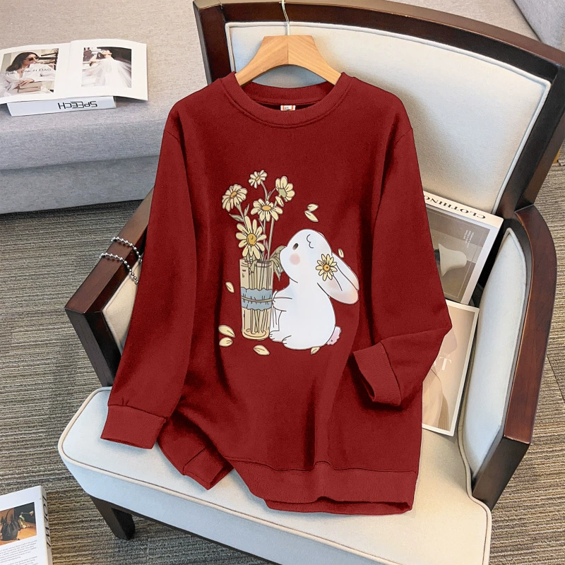 Fleece sweatshirt with a round collar, long-sleeve, plus size, increased thickness