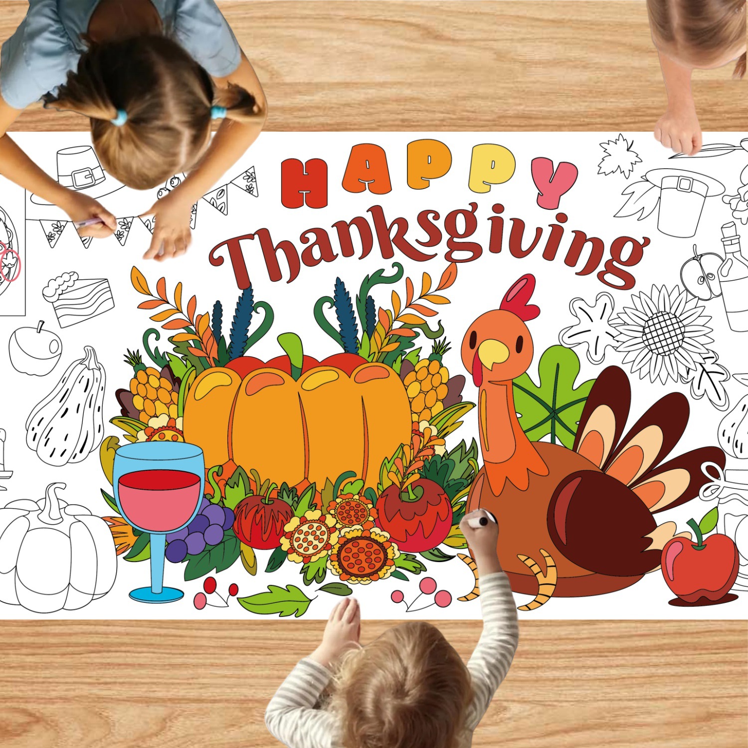 秋季感恩节涂色海报南瓜火鸡儿童涂鸦生日装饰巨型防水纸桌布