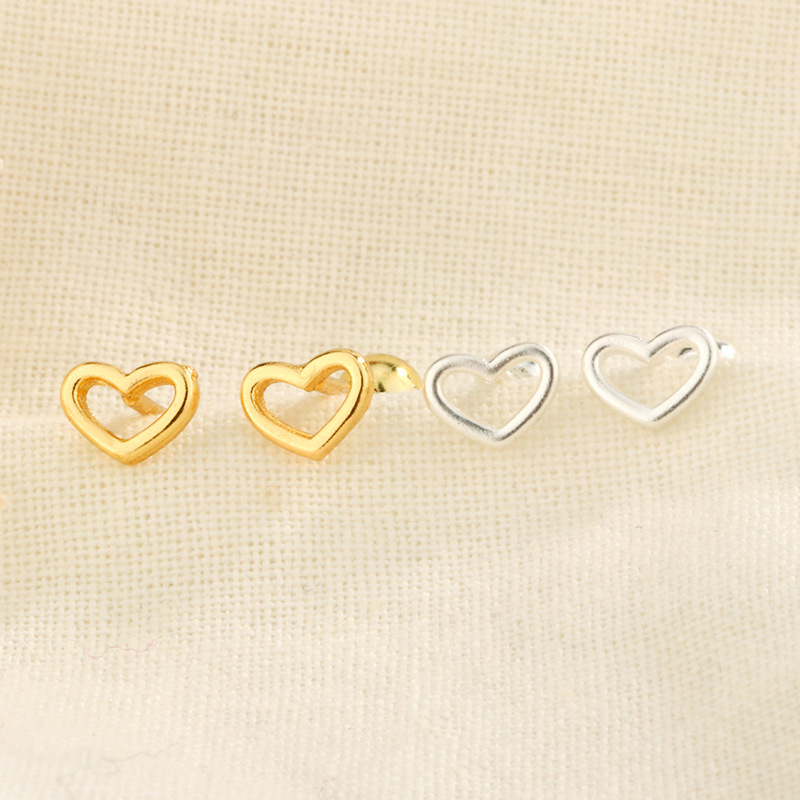 S925銀愛心螺紋擰扣耳釘女氣質簡約縷空心形睡覺免摘耳環耳飾