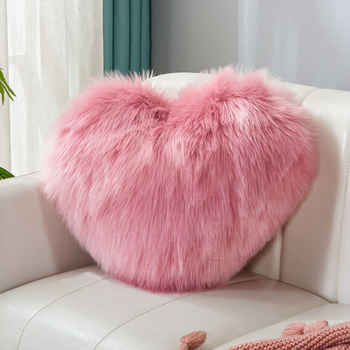 Love pillow, heart-shaped plush pink imitation wool living room sofa girl gift cute cushion bedside pillow