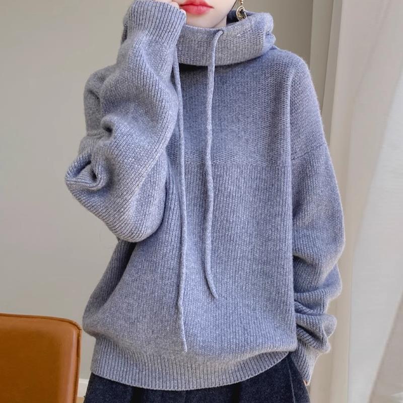 欧米のクロスボーダーの積み重ねの襟の怠惰な風のセーターの女性2025冬の新型の純色のゆったりした厚いニットの上着のファッション|undefined
