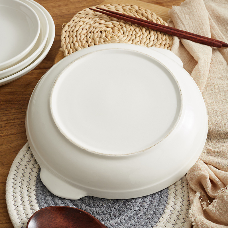 Plato de porcelana blanca de magnesio para salteados, plato para pescado al vapor, plato de forma irregular, plato para hotel, plato para vaporizar con doble asa, plato para abulón, vajilla especial.
