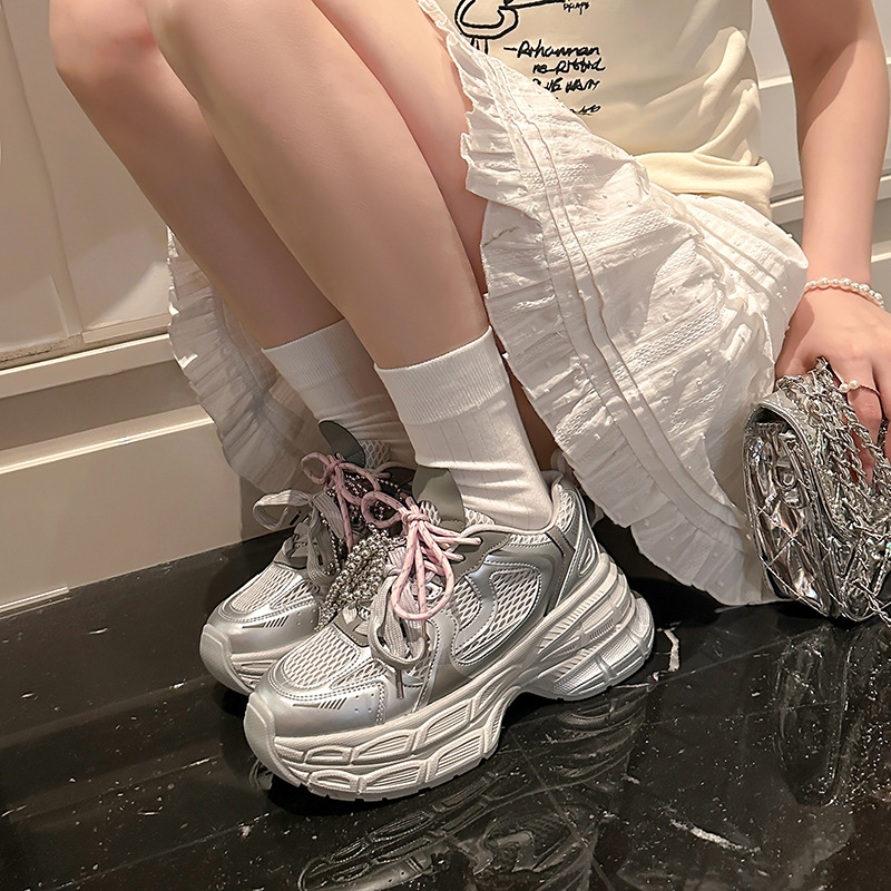 2025 verano nuevo estilo aumento 75mm ~ Doble suela gruesa realce gris zapatos deportivos casuales mujeres zapatos de papá mujeres