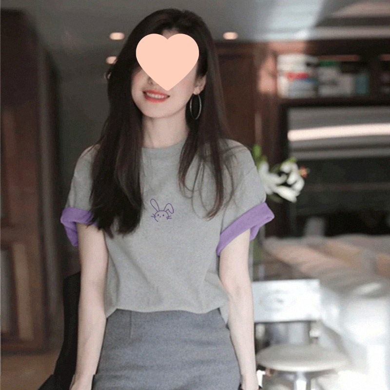 2026夏季双色撞色面料卷袖设计感短袖t恤女宽松显瘦正肩时尚上衣