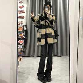 复古格子毛呢风外套女秋冬新款宽松显瘦气质西装中长款大衣潮
