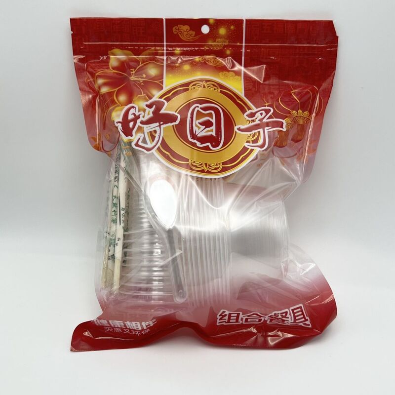 Disposable Bowl Self-Standing Sealing Bag Set Thickeneded 10-Person Household Combination Banquet Outdoor Dinner Tableware Cross-Border