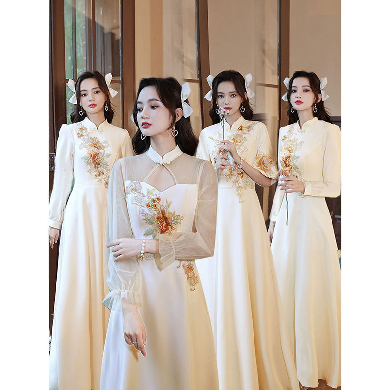 Chinese Champagne Color Bridesmaid Dress 2025 New Autumn Long-Sleeved Dress Can Be Worn at Ordinary Times Best Friend Birthday Party Dress