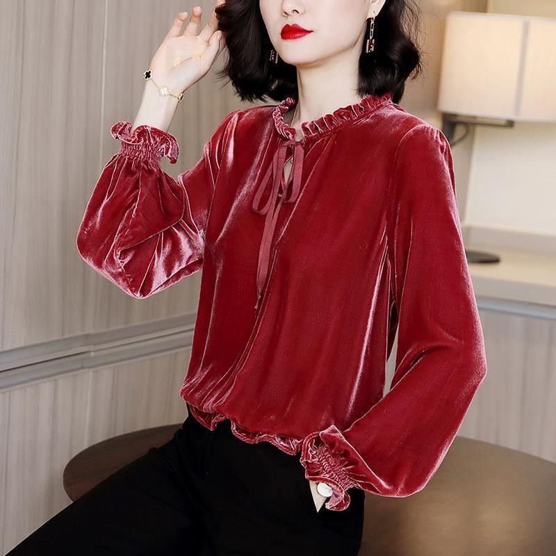 Golden Velvet Shirt Women's 2023 Spring and Autumn New Design Niche French Retro Korean Loose Base Shirt Top