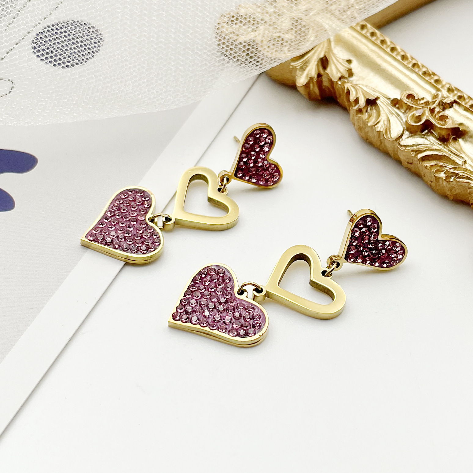 Retro Heart Shape Stainless Steel Inlay Zircon Drop Earrings 1 Pair