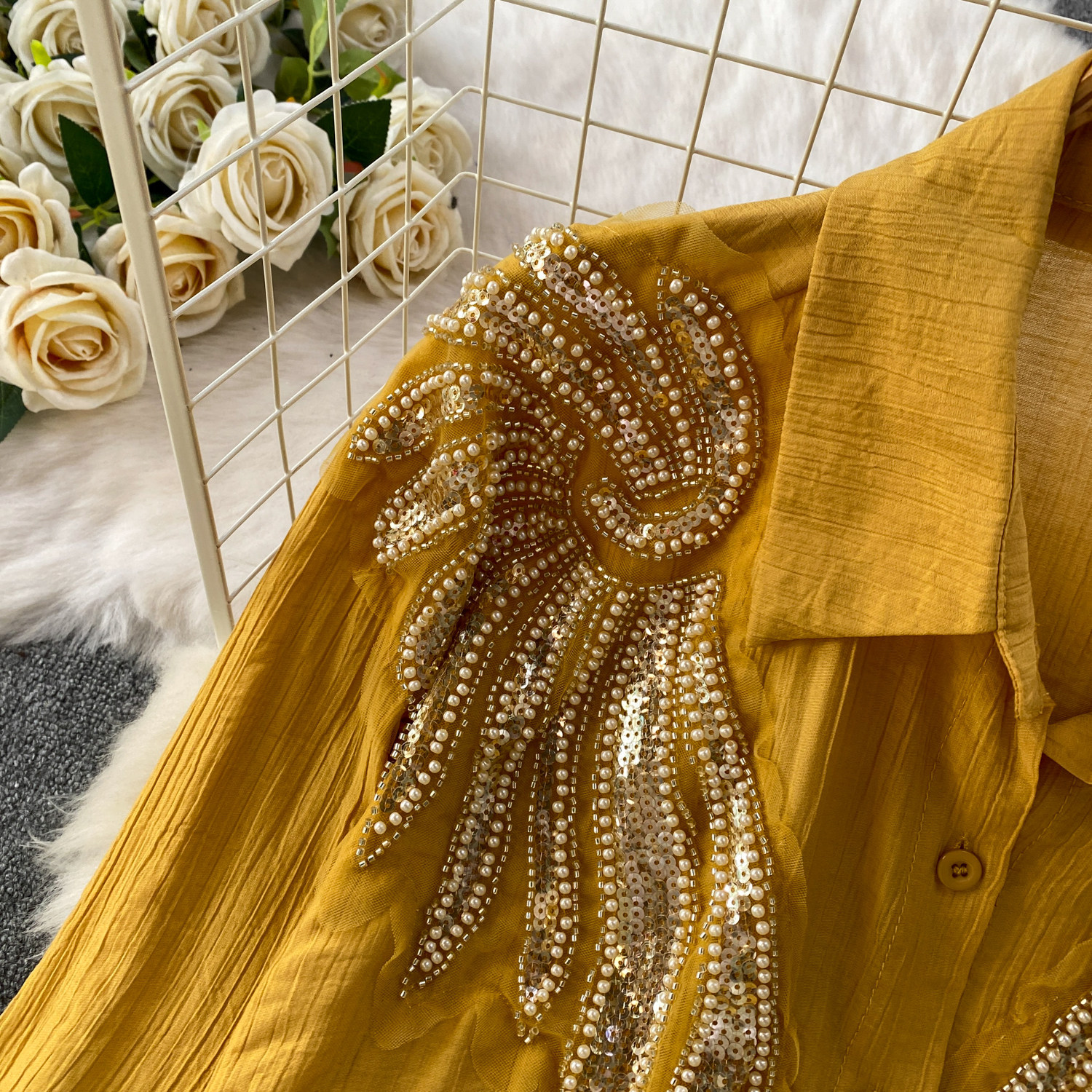 European Style Embroidered Pearl & Sequin Blouse With Mid-Length Skirt Set - Elegant Oversized Office Wear Two-Piece Outfit_ecoleips.com